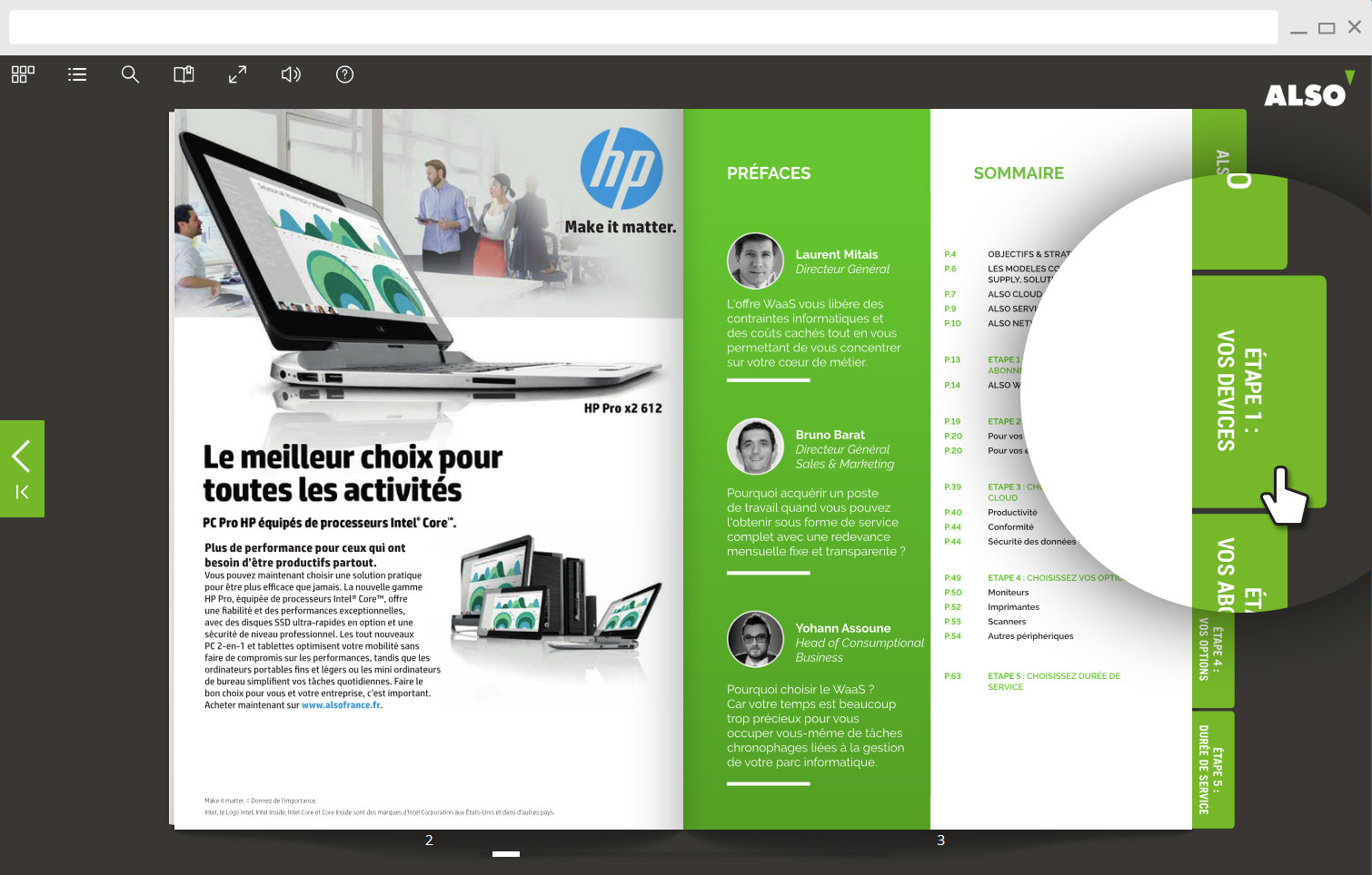 Catalogue ALSO dans un Fluidbook : des onglets verts d&eacute;passent sur le bord droit des pages et m&egrave;nent chacun &agrave; un chapitre
