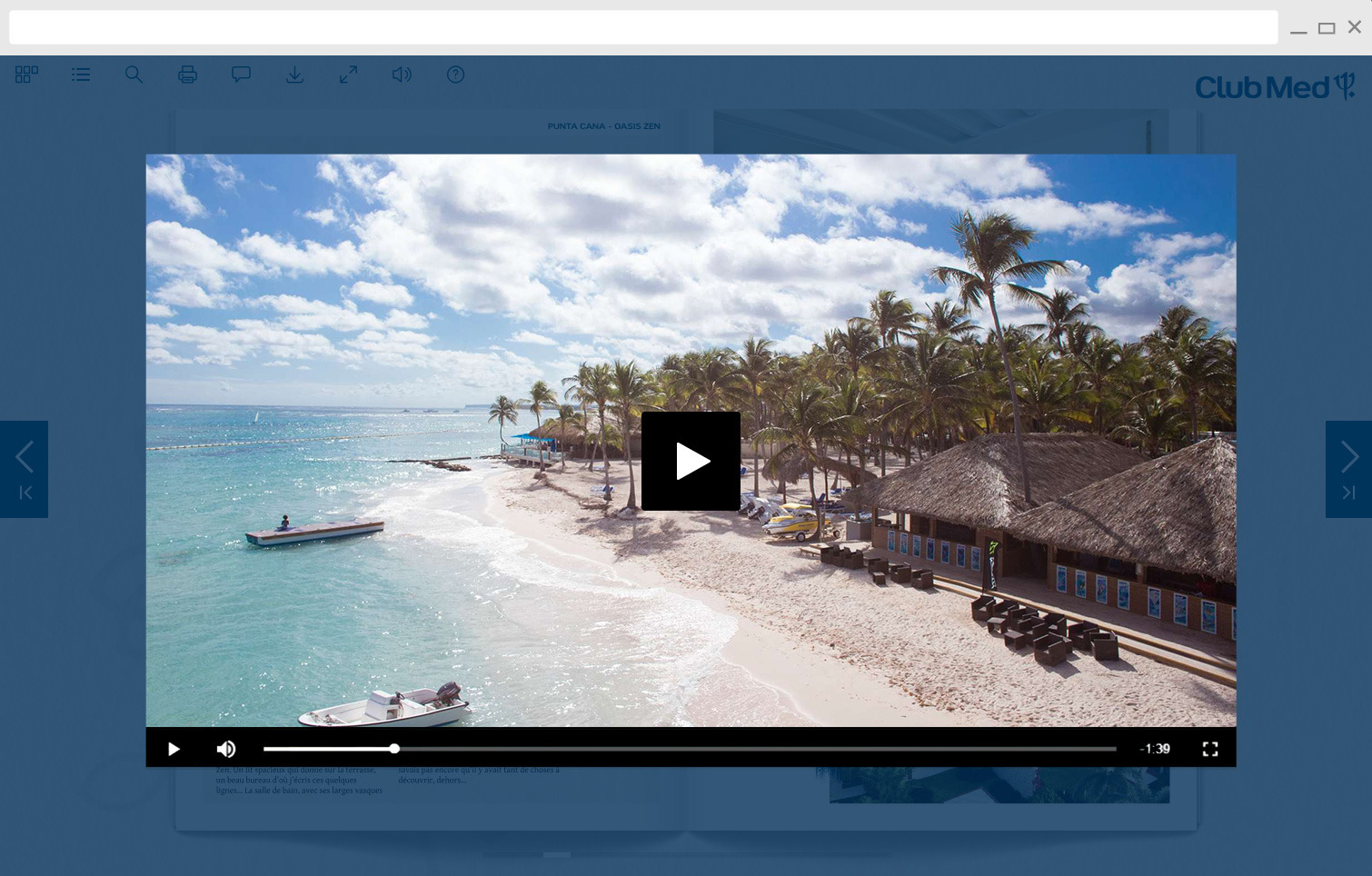 Vid&eacute;o Club Med ouverte en pop-up au-dessus des pages du Fluidbook, avec sa barre de lecture