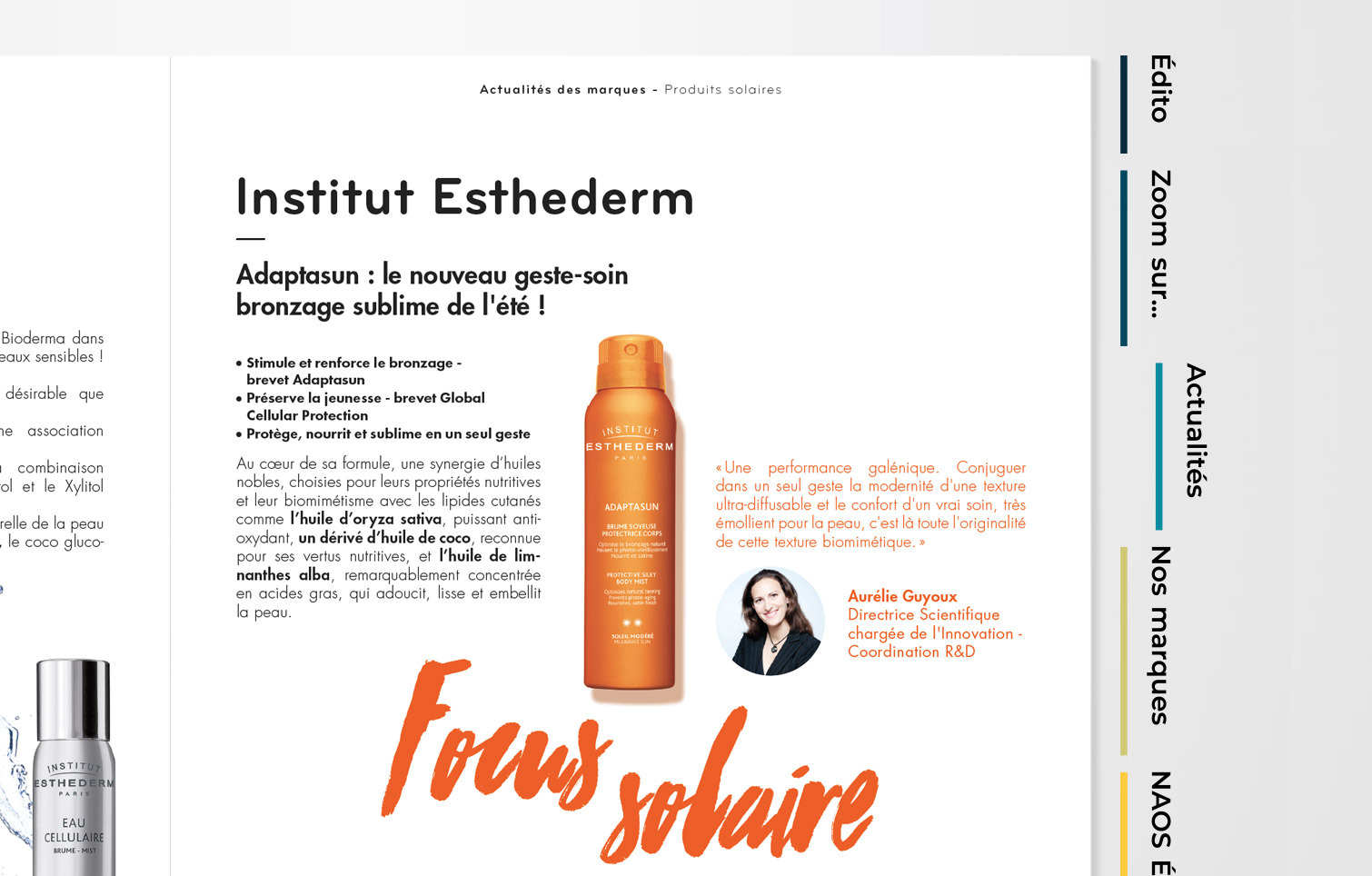 Page de magazine avec des onglets sur mesure le long du bord droit : &Eacute;dito, Zoom sur..., Actualit&eacute;s, Nos marques