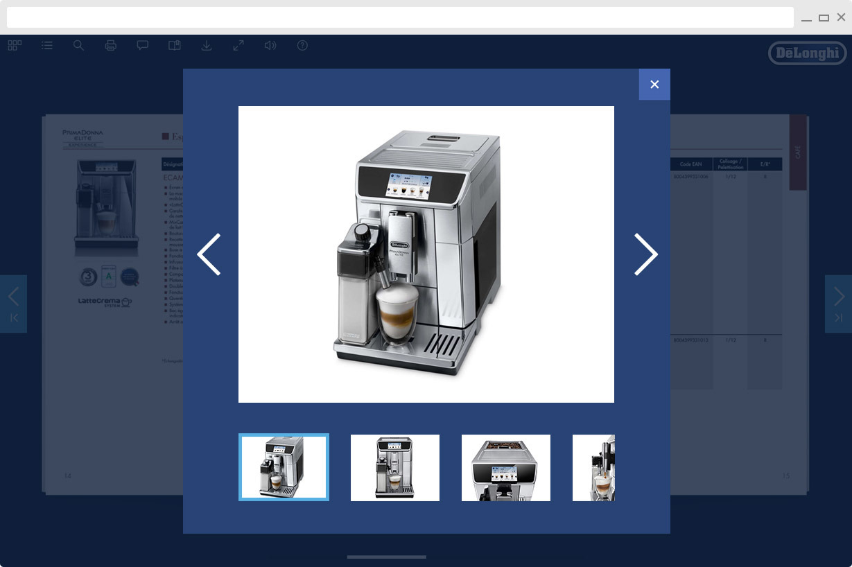 Diaporama en pop-up dans un catalogue De'Longhi : photo d'une machine à café, flèches de navigation et miniatures en bas