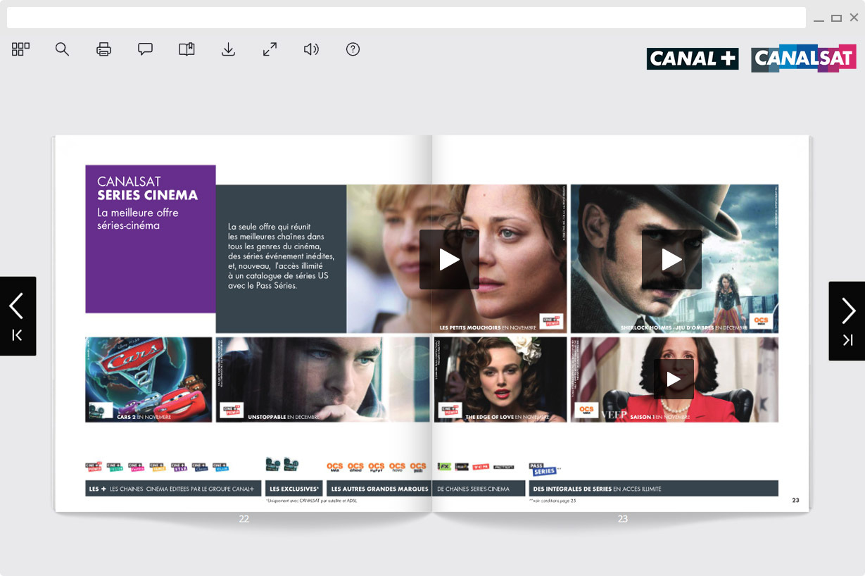 Brochure Canalsat dont les vignettes de films et de s&eacute;ries lancent des vid&eacute;os int&eacute;gr&eacute;es aux pages