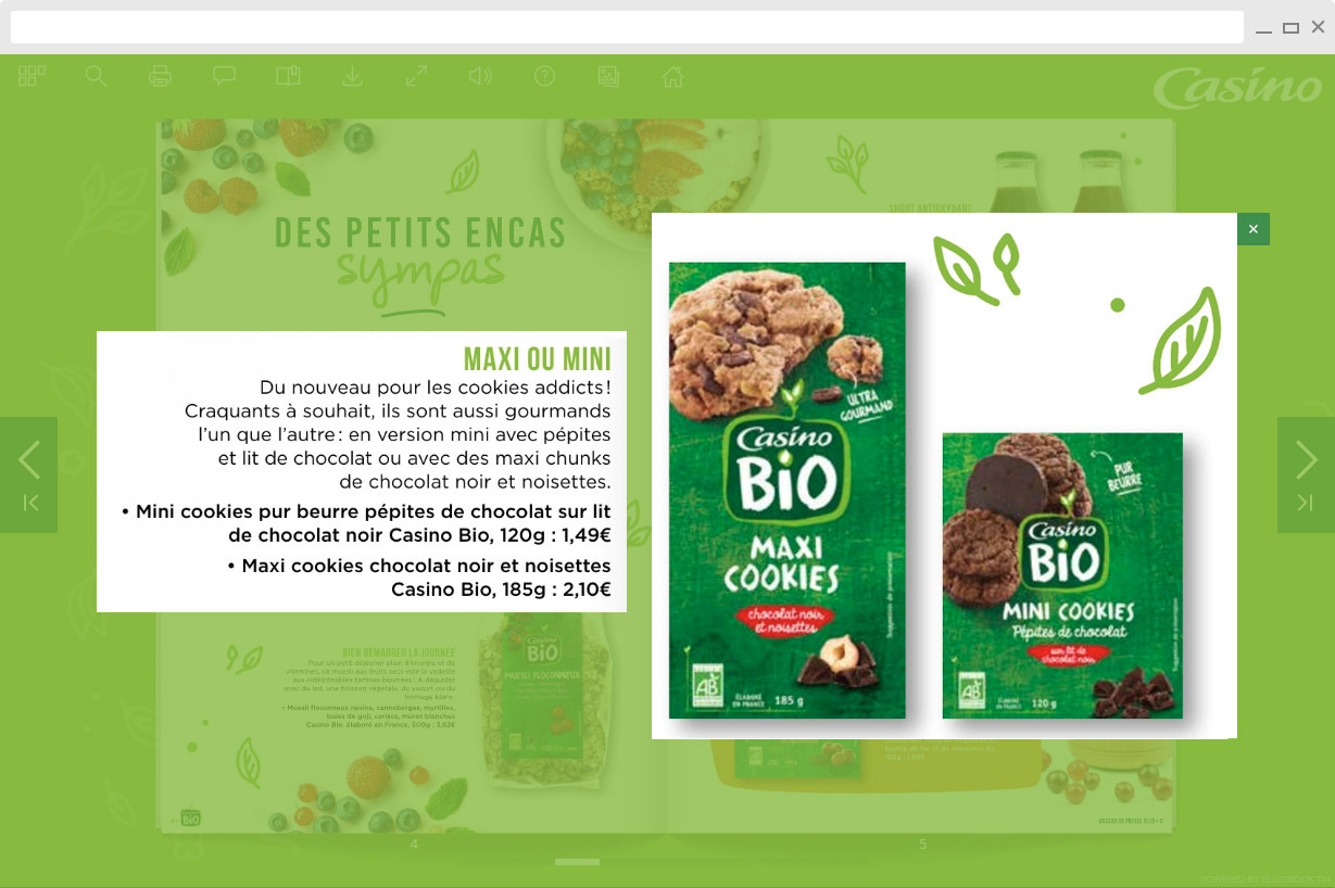 Zones de zoom liées dans un catalogue Casino : le descriptif et la photo des cookies Casino Bio s'ouvrent côte à côte