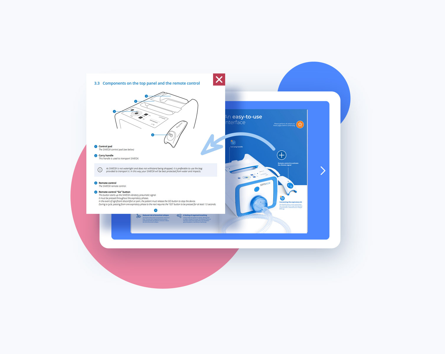 Page de Fluidbook sur tablette : un clic ouvre par-dessus le sch&eacute;ma d&eacute;taill&eacute; d'un appareil, avec ses l&eacute;gendes