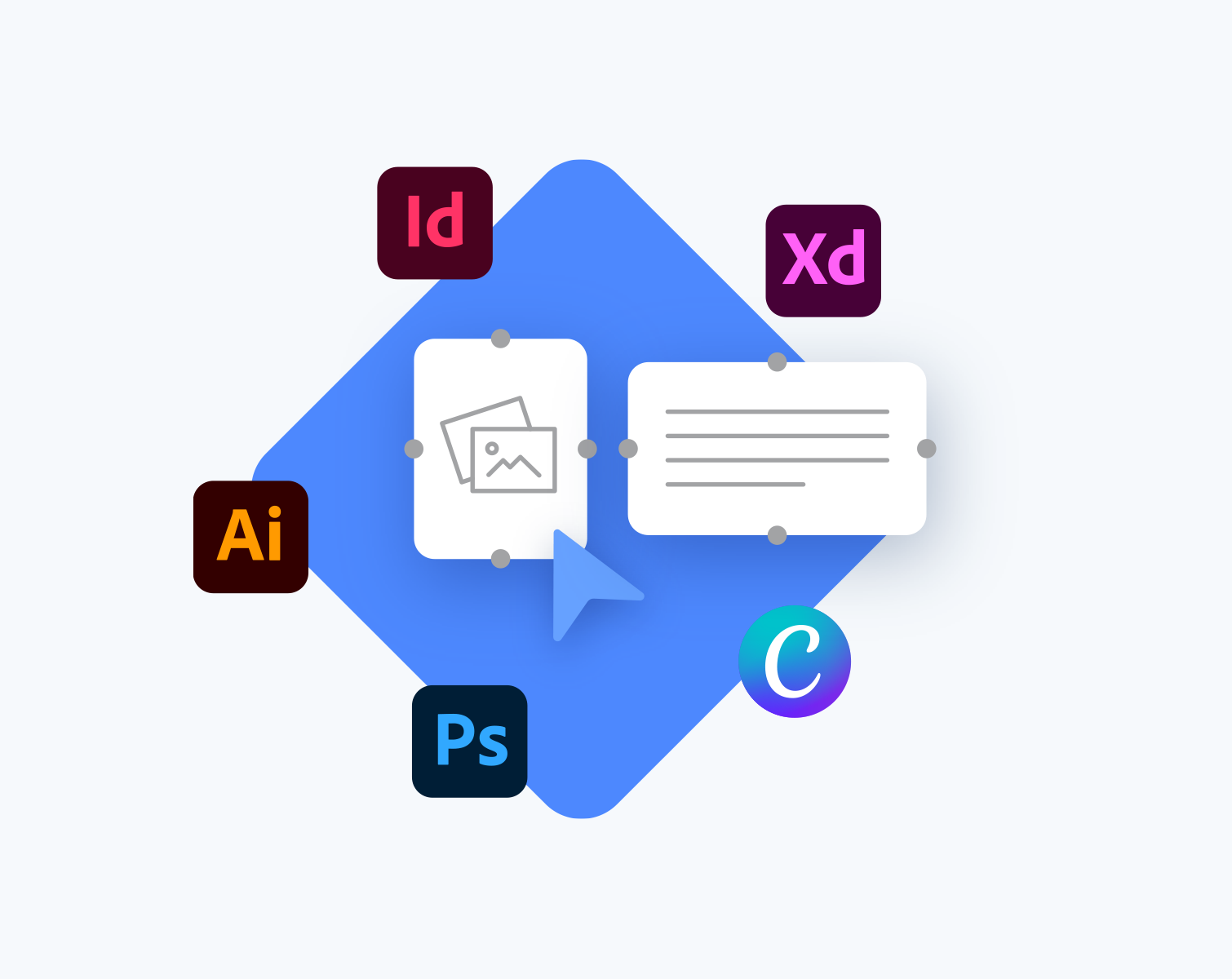 Logos d'InDesign, Illustrator, Photoshop, XD et Canva autour d'une maquette