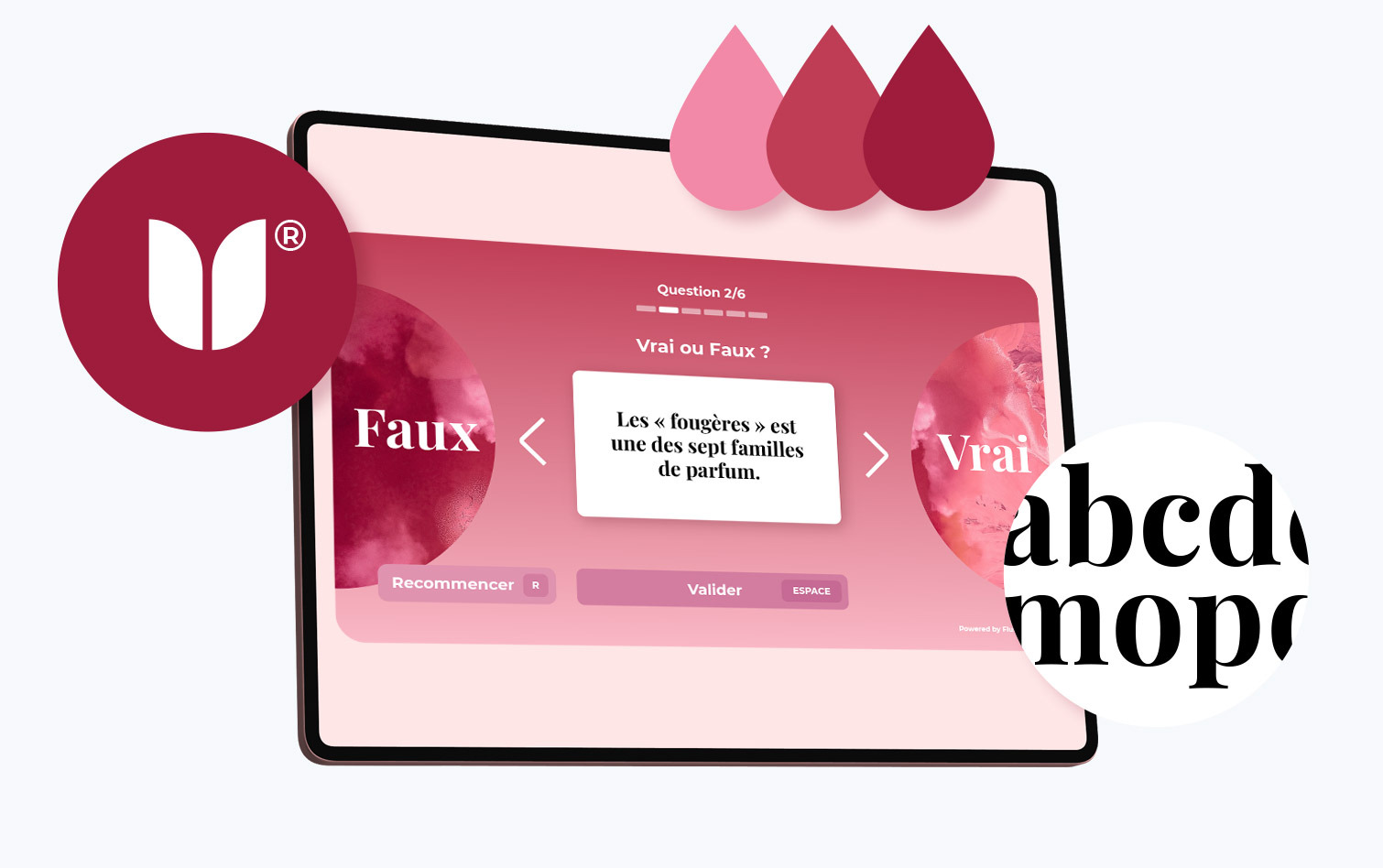 Quiz aux couleurs d'une marque de parfum : question vrai ou faux, logo, palette de couleurs et typographie de la marque