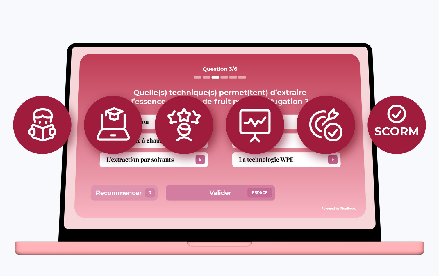 Quiz sur ordinateur portable entour&eacute; d'ic&ocirc;nes de suivi p&eacute;dagogique et du badge SCORM