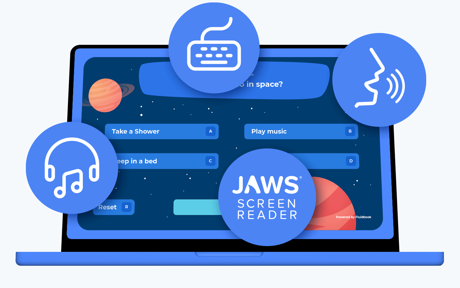 Quiz utilisable au clavier et avec le lecteur d'&eacute;cran JAWS, entour&eacute; d'ic&ocirc;nes clavier, synth&egrave;se vocale et audio