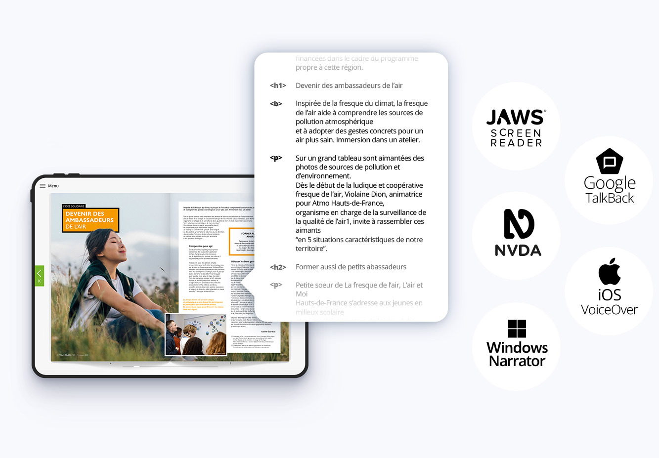 Fluidbook sur tablette et sa structure lue par les lecteurs d'&eacute;cran (titres, paragraphes), compatible JAWS, NVDA, Google TalkBack, iOS VoiceOver et Windows Narrator