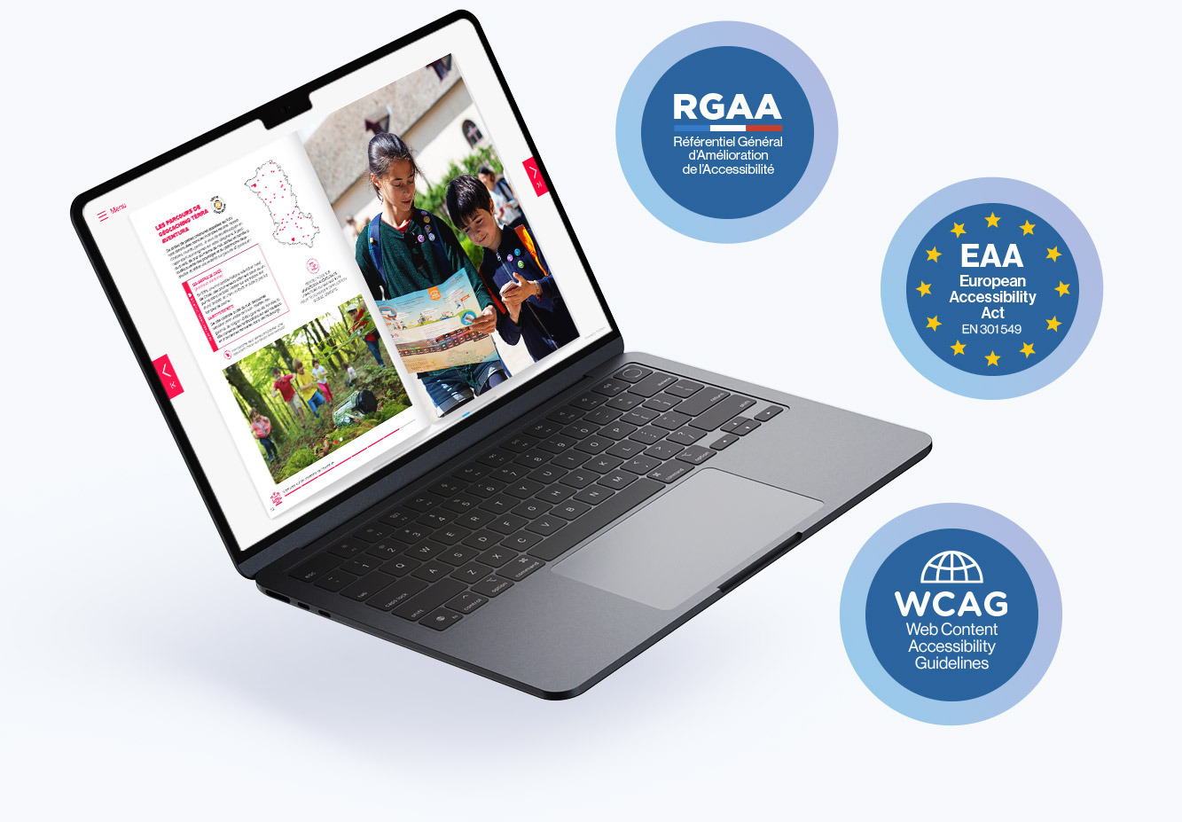 Fluidbook accessible sur ordinateur portable, avec les labels RGAA, EAA et WCAG
