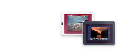Deux tablettes : une page de Fluidbook et son diaporama ouvert en pop-up avec des miniatures