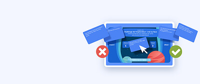 &Eacute;cran de quiz FluidQuiz : question vrai ou faux, avec des cartes &agrave; faire glisser vers la bonne r&eacute;ponse